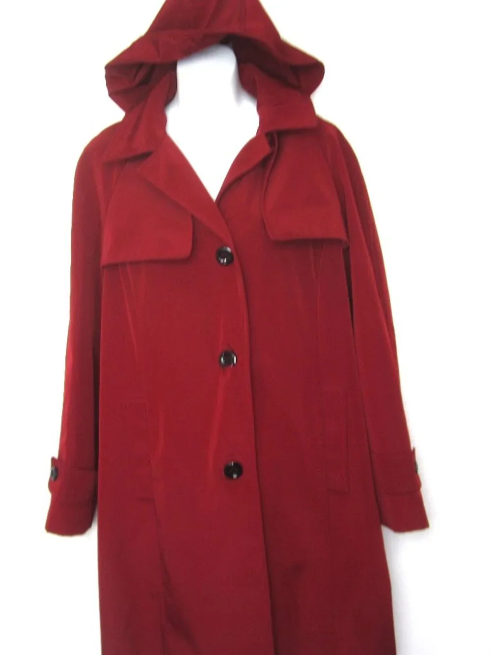 Calvin Klein EUC Size XL Rain Trench Coat Hood Red Polyester Button Long - Picture 2 of 14
